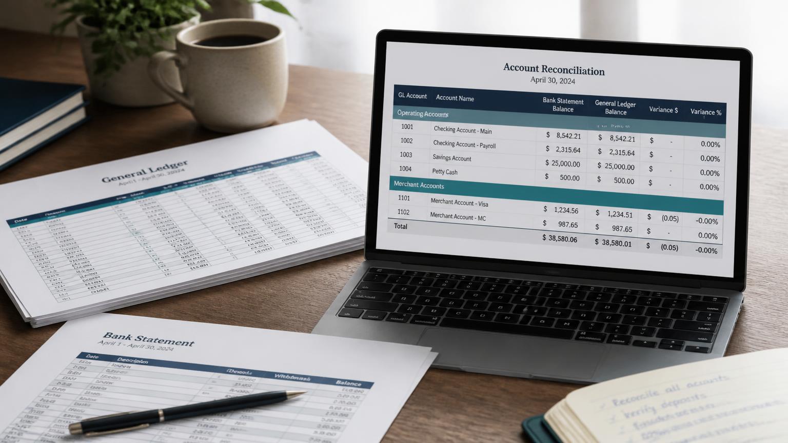Printed ledger pages beside a laptop showing a reconciliation table